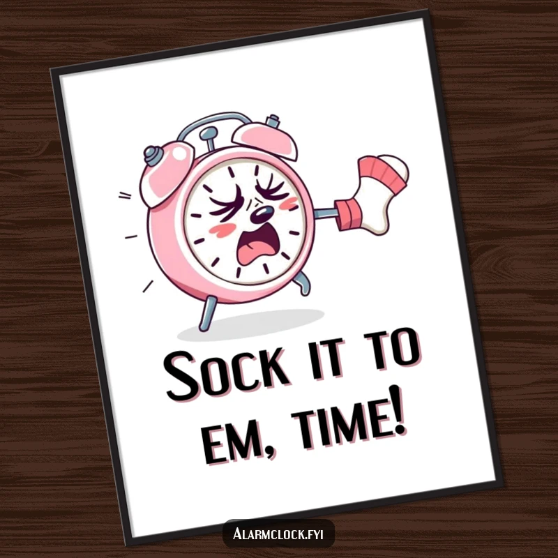 Funny Free Printable Wall Art: Frantic, sweating alarm clock being chased by a rogue sock, chaotic DIY decor