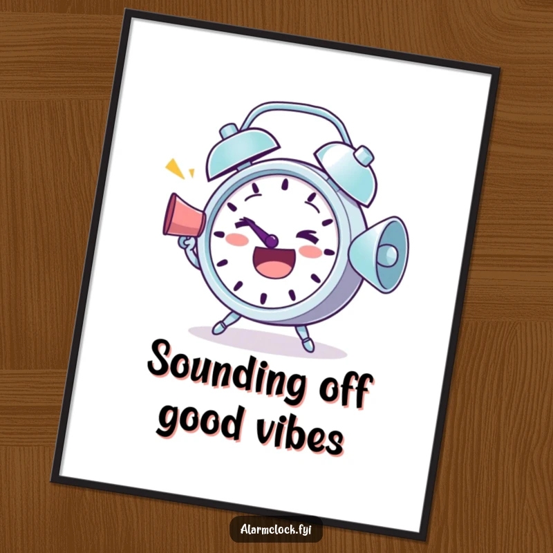 Funny Free Printable Wall Art of a determined alarm clock character enthusiastically shouting through a megaphone.