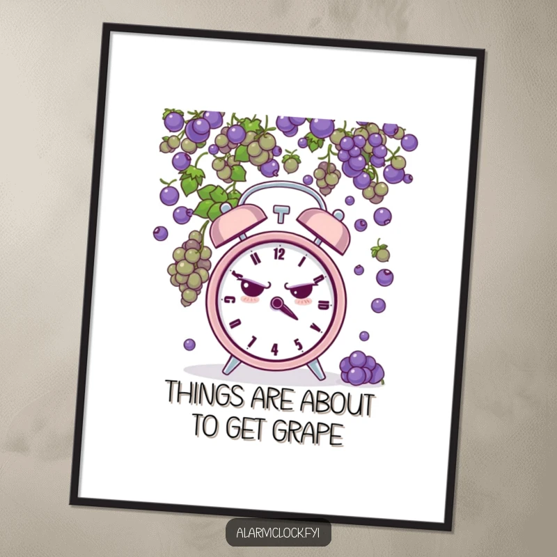Funny Free Printable Wall Art: Grumpy alarm clock pelted by a shower of tiny rubbery grapes, humorous DIY decor