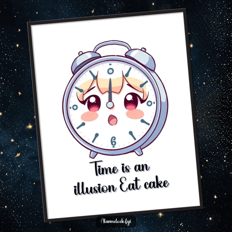 Funny Free Printable Wall Art: Surprised character staring at a rapidly spinning clock, symbolizing time's speed.