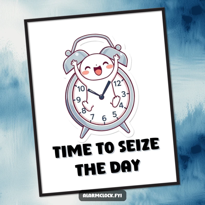 Funny free printable wall art of a cheerful character joyfully leaping out of an alarm clock, symbolizing a fresh start.