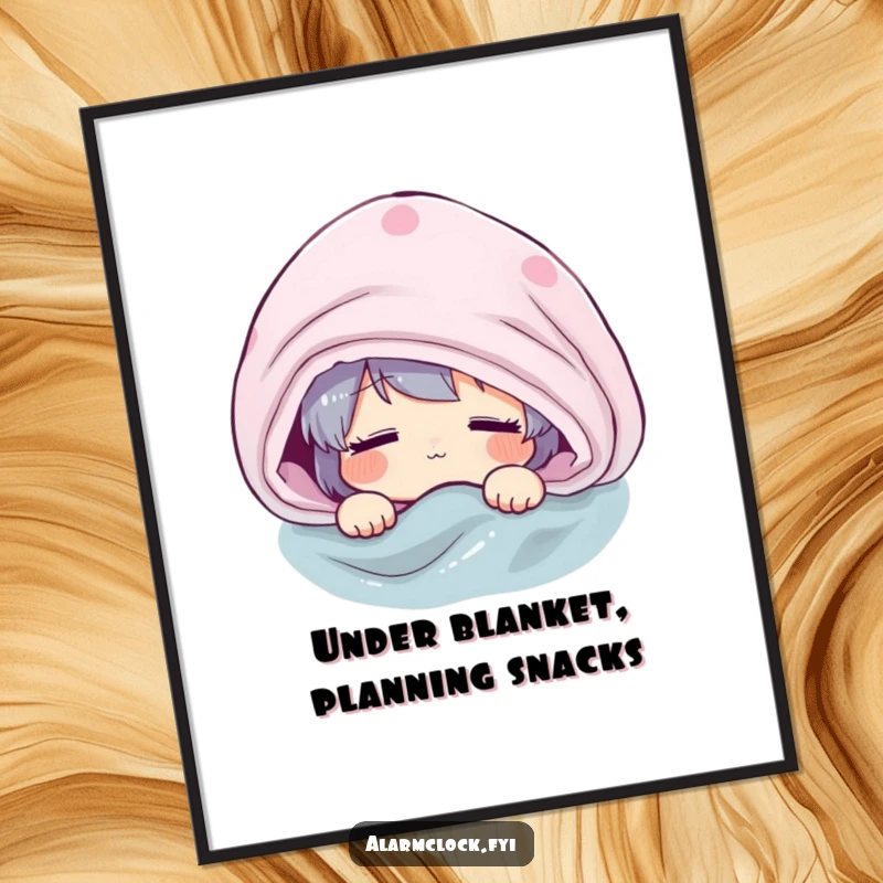 Funny Free Printable Wall Art: Character groggily peeking from blanket, a meme for comfort lovers, downloadable art.