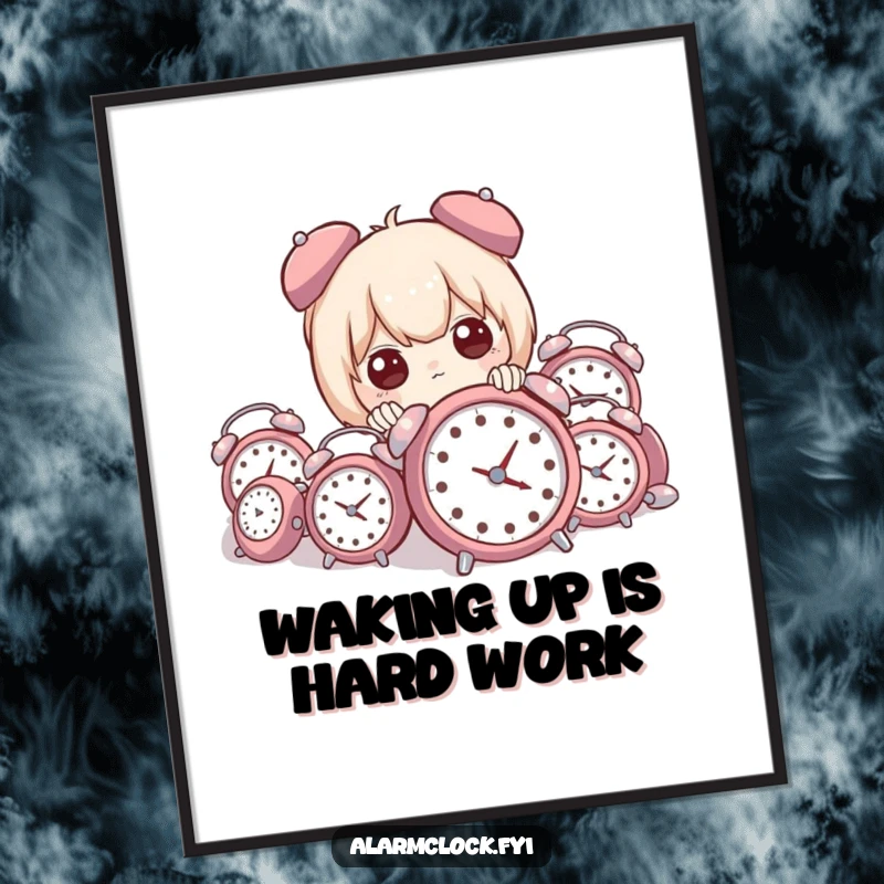 Funny Free Printable Wall Art: Character peeking from a pile of tiny alarm clocks, a humorous art piece.