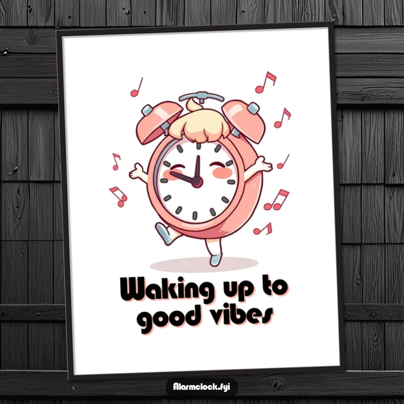 Funny Free Printable Wall Art: Character joyfully dancing with a musical alarm clock, radiating energy and happiness.