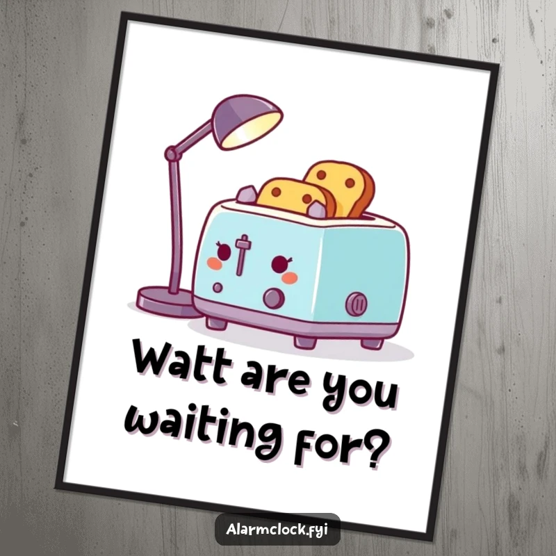 Funny Free Printable Wall Art: Cheerful toaster uses desk lamp for toast, quirky kitchen decor.