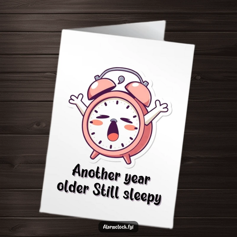 Funny Free Printable Birthday Card featuring a very sleepy alarm clock character yawning widely and stretching.