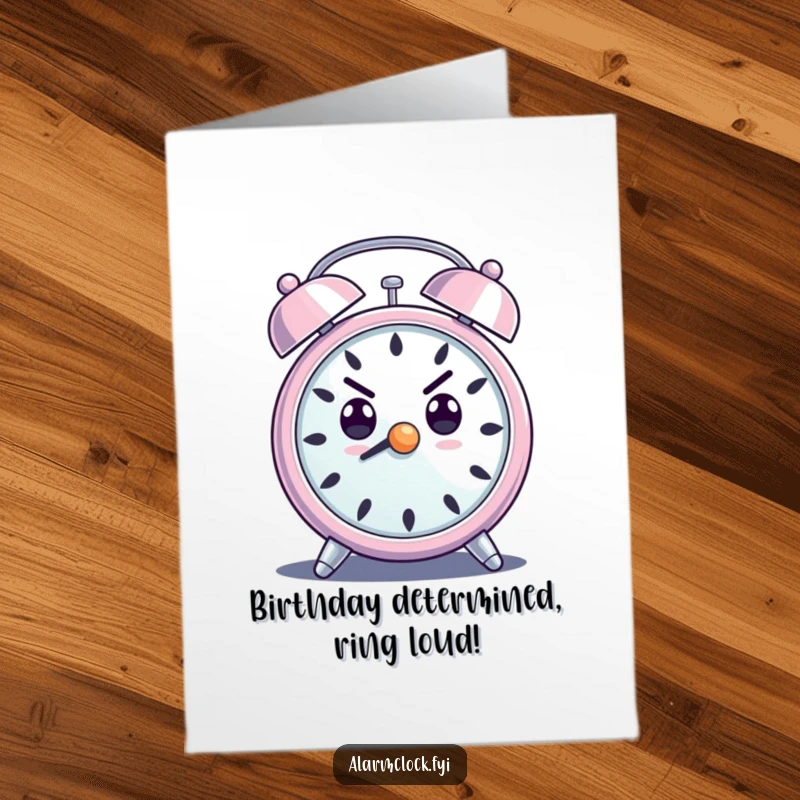Funny Free Printable Birthday Card: An alarm clock character with a determined expression, ringing loudly, ideal for a motivational funny DIY gift.
