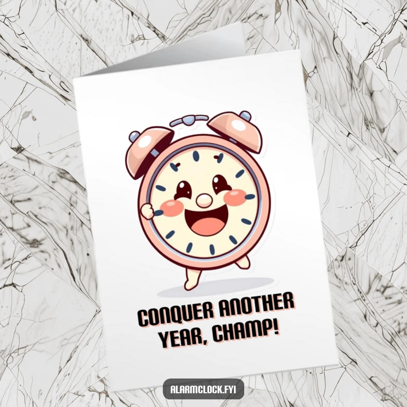 Funny Free Printable Birthday Card: Cheerful character determinedly grabbing a loud, ringing alarm clock.