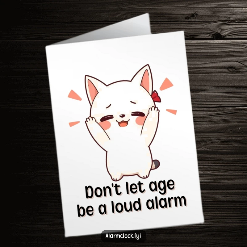 Funny Free Printable Birthday Card: Blushing character covering ears from a loud alarm, symbolizing a shocking birthday.