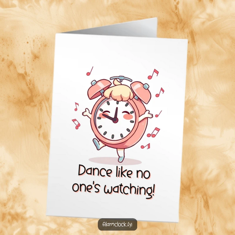 Funny Free Printable Birthday Card: Character happily dancing with a musical alarm clock, celebrating the joy of the moment.