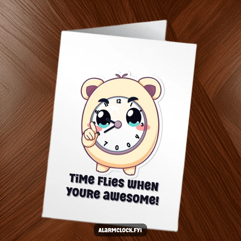 Funny Free Printable Birthday Card showing a determined character with wide eyes, urgently pointing at a clock face, ready for a party.