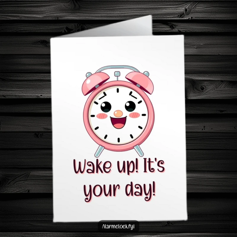 Funny Free Printable Birthday Card featuring a cute, excited alarm clock character ringing loudly with a big smile.