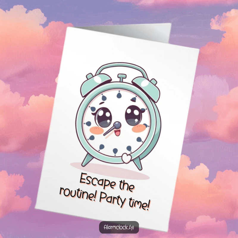 Funny Free Printable Birthday Card of a character with wide eyes, hilariously jumping away from a loud alarm clock.