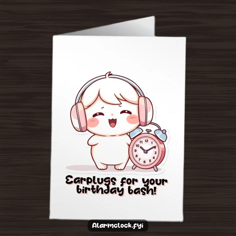 Funny Free Printable Birthday Card of a giggling character wearing earmuffs while a small alarm clock rings nearby.