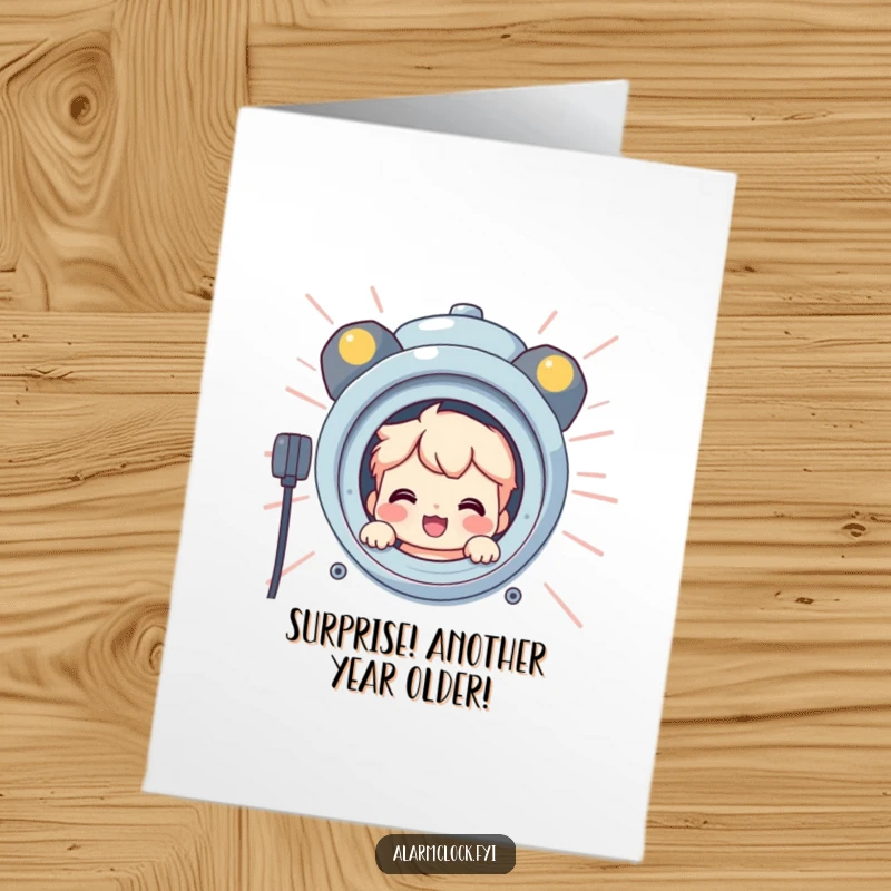 Funny Free Printable Birthday Card: Smiling character peeking from behind a giant, loud, blaring alarm.