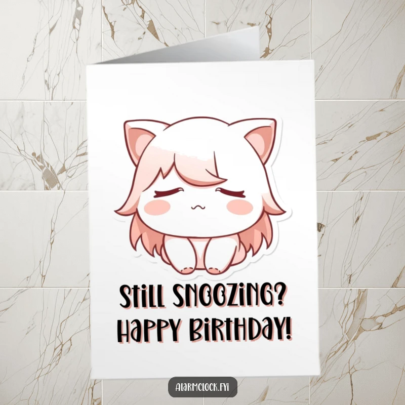 Funny Free Printable Birthday Card: Sleepy character with eyes covered, a relatable meme for birthdays, downloadable gift.