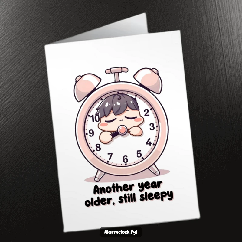 Funny Free Printable Birthday Card: Sleepy character groggily hitting snooze on a giant alarm clock, a relatable morning struggle.