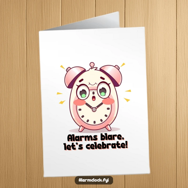 Funny Free Printable Birthday Card: Wide-eyed character startled by loud alarm clock bells, a humorous wake-up call illustration.