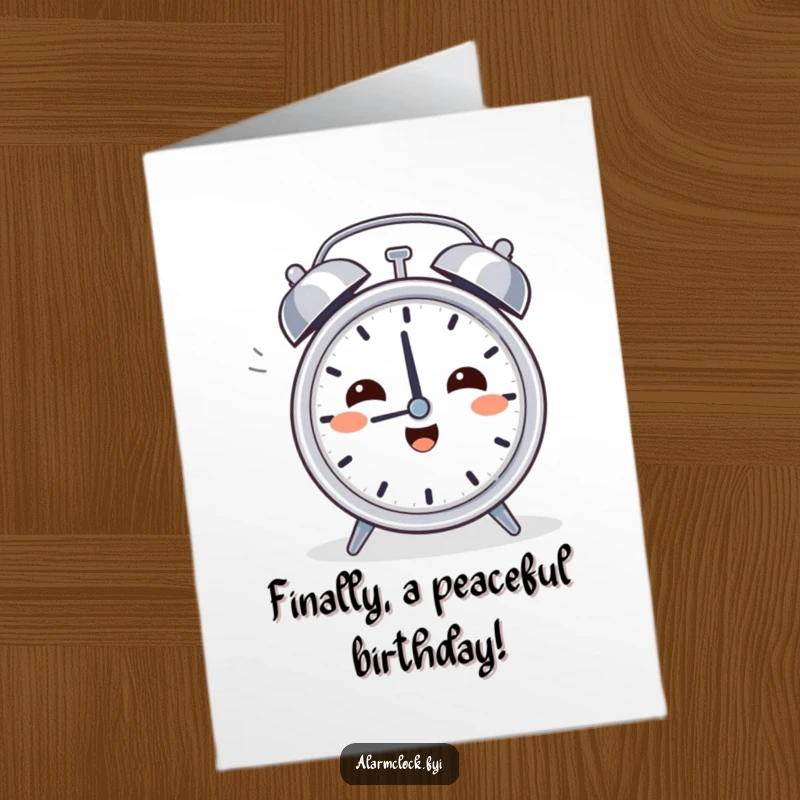 Funny Free Printable Birthday Card: Character happily turning off a loud alarm clock, enjoying a peaceful moment.