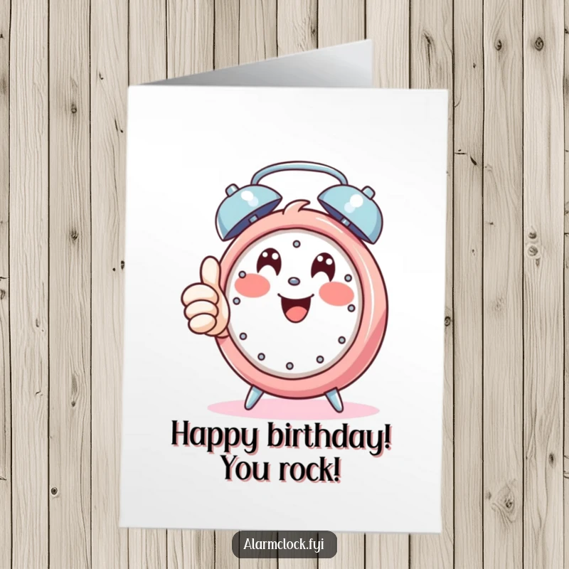 Funny Free Printable Birthday Card: Happy character giving a thumbs up while an alarm rings.