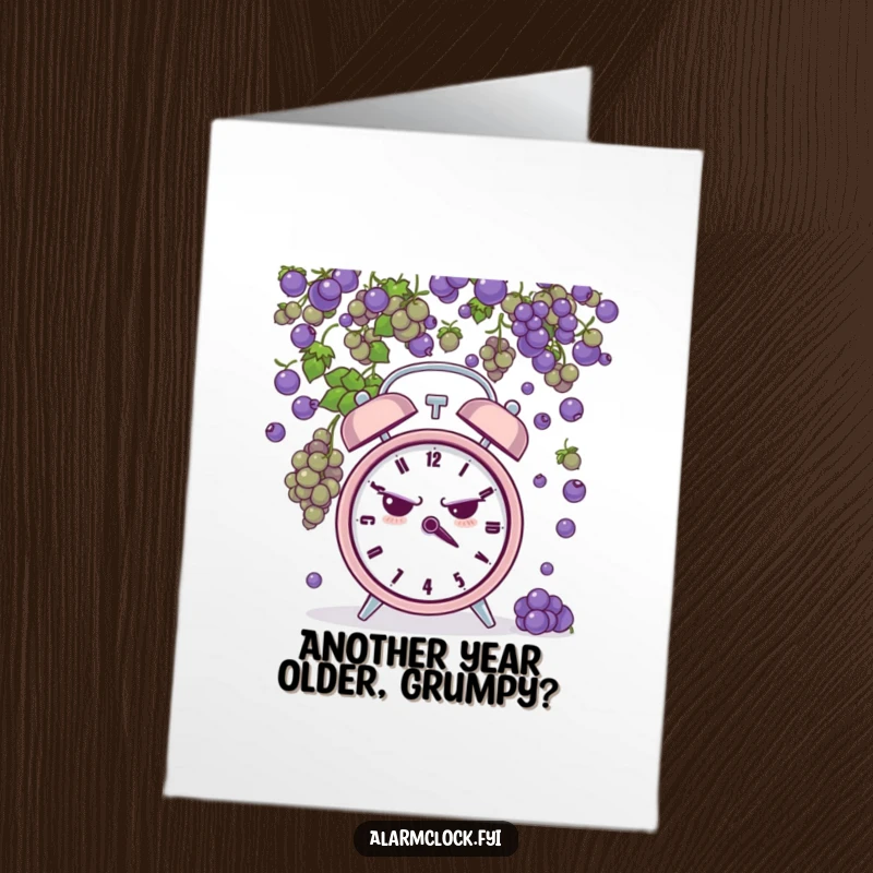 Funny Free Printable Birthday Card: Grumpy alarm clock pelted by tiny grapes, a comical DIY birthday surprise