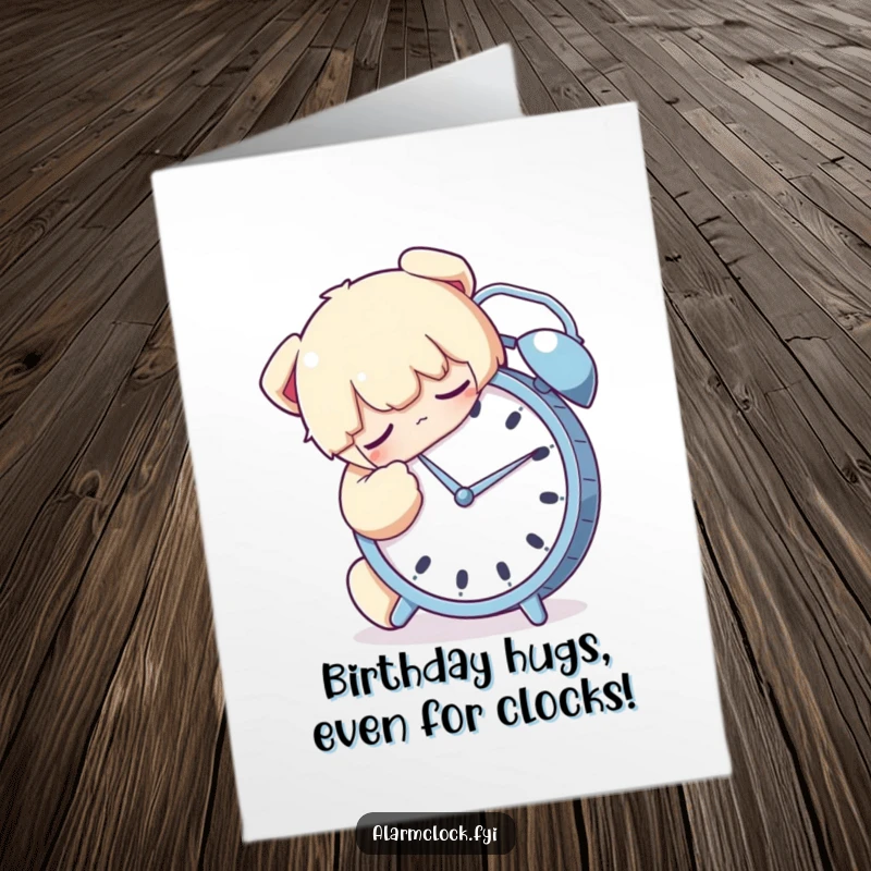 Funny Free Printable Birthday Card: A character hugging their alarm clock tightly while fast asleep, a relatable and humorous DIY gift.