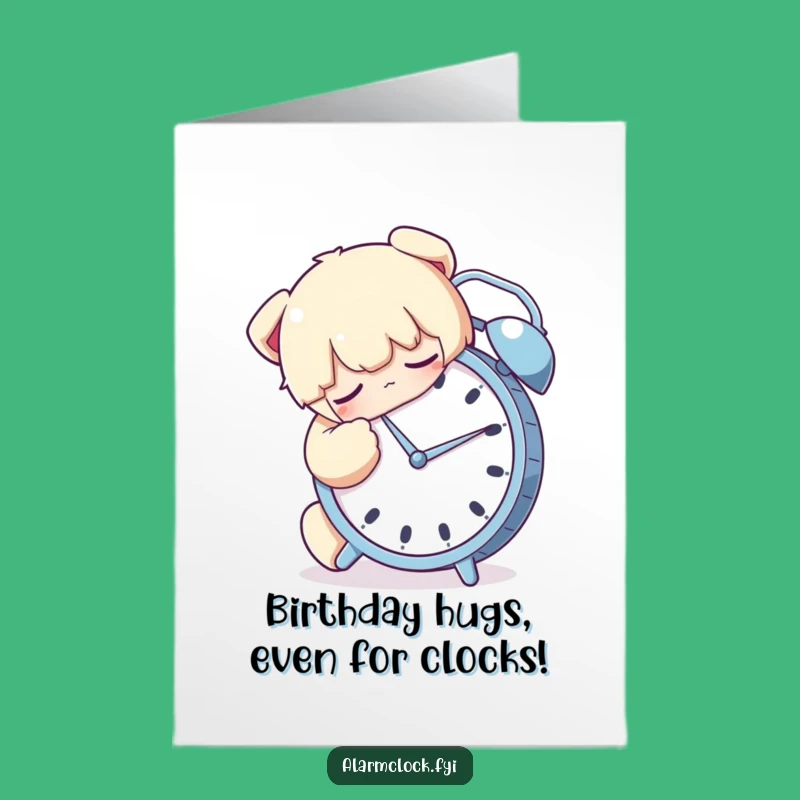 Free Printable Funny Birthday Card: Sleepy Character Hugs Alarm Clock DIY Downloadable Gift
