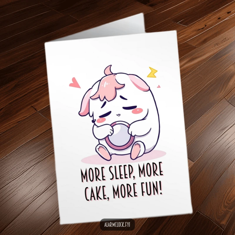 Funny Free Printable Birthday Card: Sleepy character groggily hitting snooze button multiple times, needs more sleep.