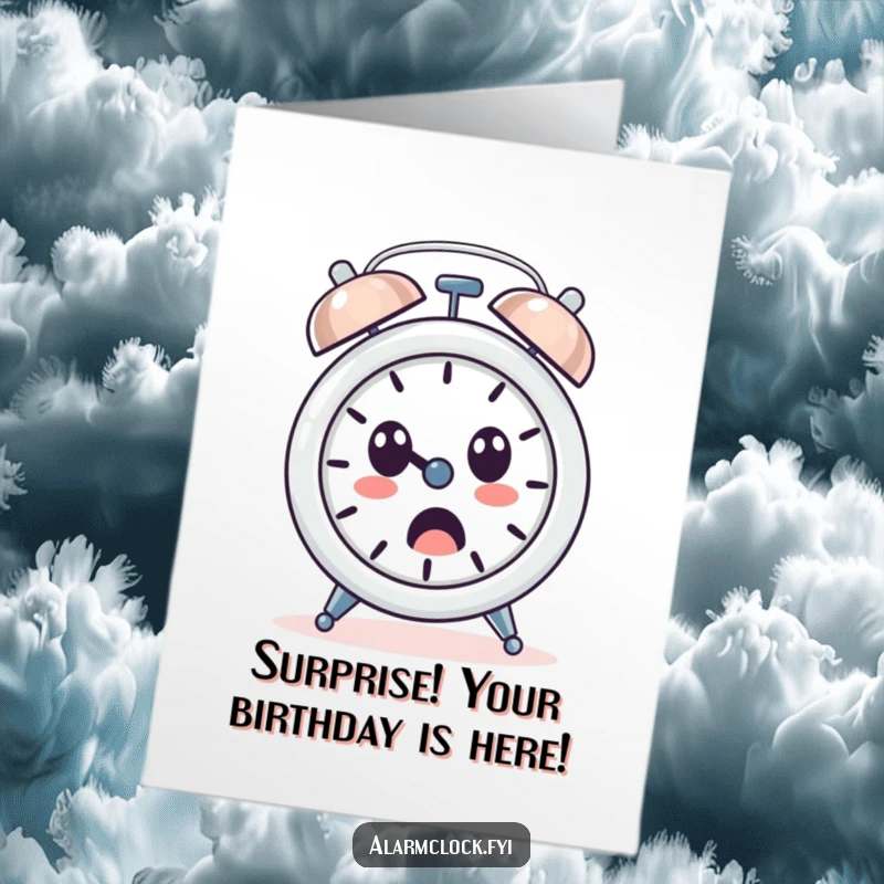 Funny Free Printable Birthday Card: An alarm clock character ringing loudly with a shocked, surprised face, ideal for a funny DIY gift.