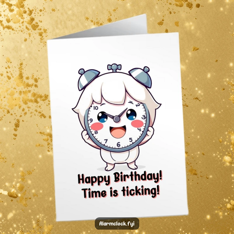 Funny Free Printable Birthday Card: A character with a huge smile holds up a clock face, symbolizing a happy birthday and good times.