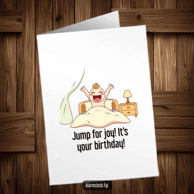 Funny Free Printable Birthday Card: an excited character enthusiastically jumps out of bed, ready to celebrate.