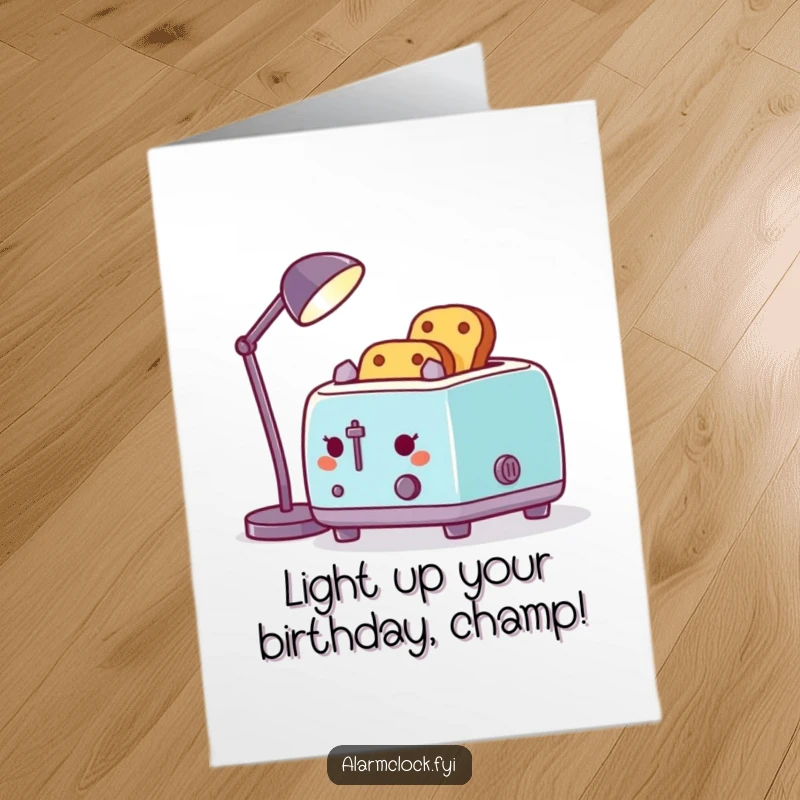 Funny Free Printable Birthday Card: Cheerful toaster uses desk lamp for toast, bright idea for a laugh.