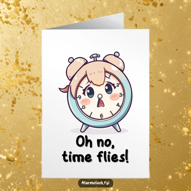 Funny Free Printable Birthday Card: Startled character in panic mode, realizing time has flown, a perfect meme gift.