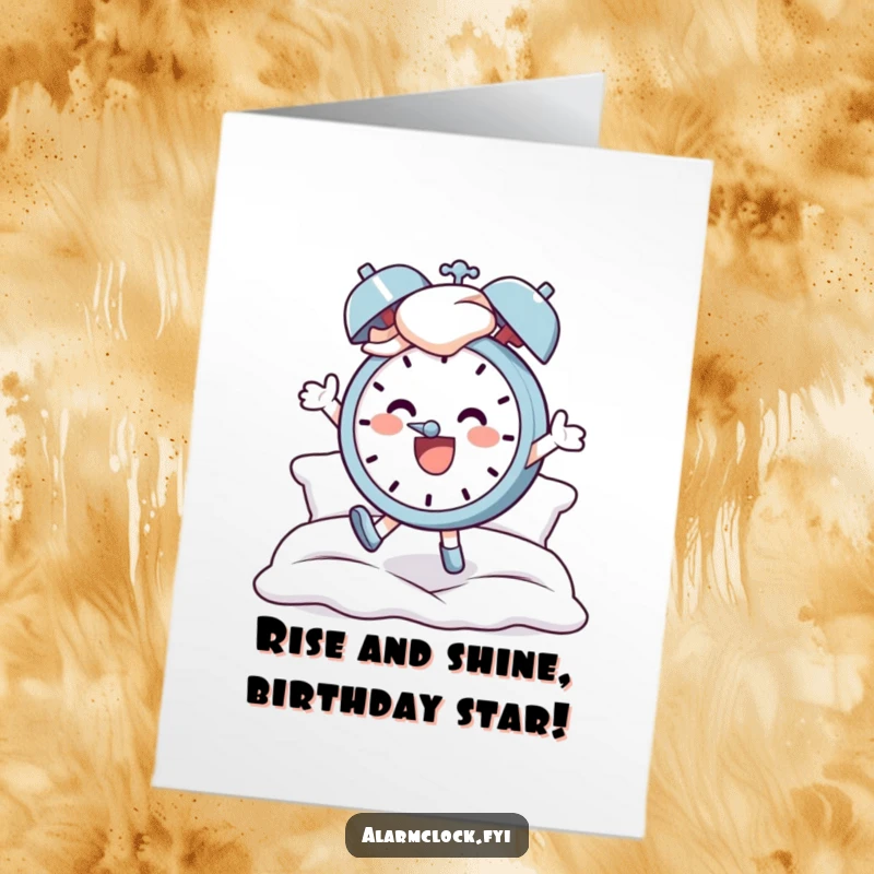 Funny Free Printable Birthday Card: Cheerful character leaping from bed, alarm clock ringing loudly, full of morning energy.