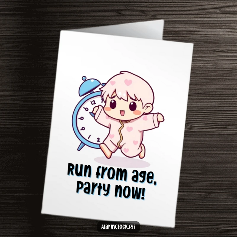 Funny Free Printable Birthday Card: Character in pajamas playfully running from a buzzing alarm clock, depicting morning evasion.