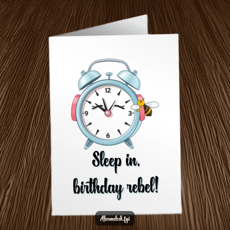 Funny Free Printable Birthday Card: Sleepy alarm clock with earmuffs ignores a buzzing bee, peaceful DIY humor
