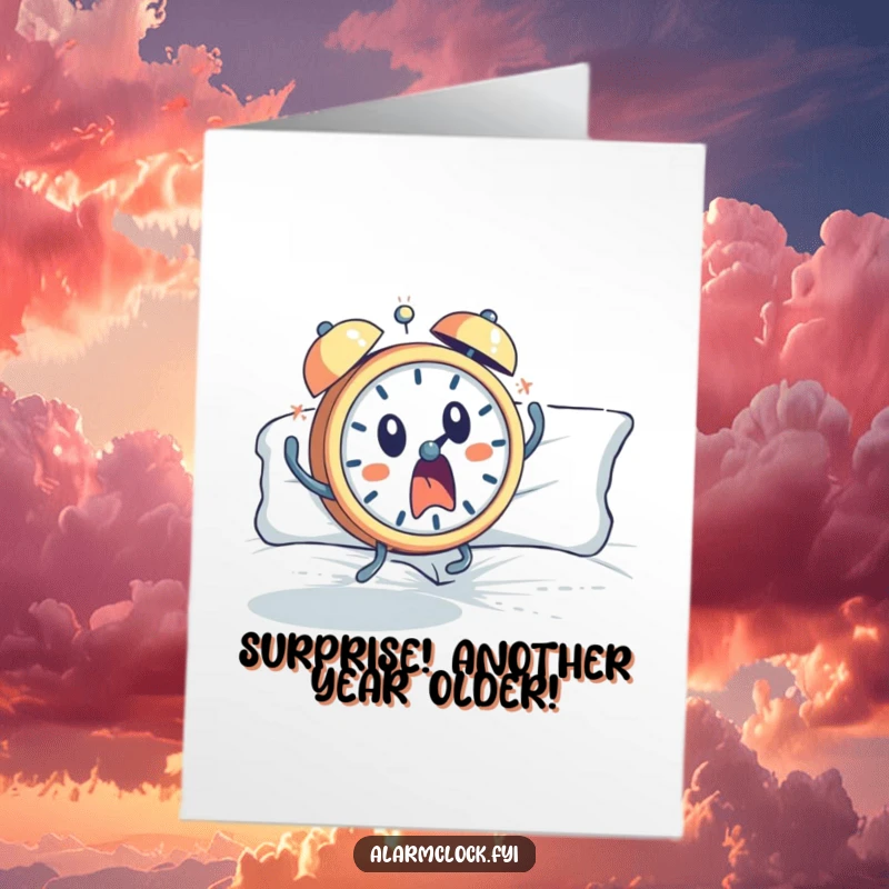 Funny Free Printable Birthday Card: A startled alarm clock character dramatically leaping out of bed with wide eyes.