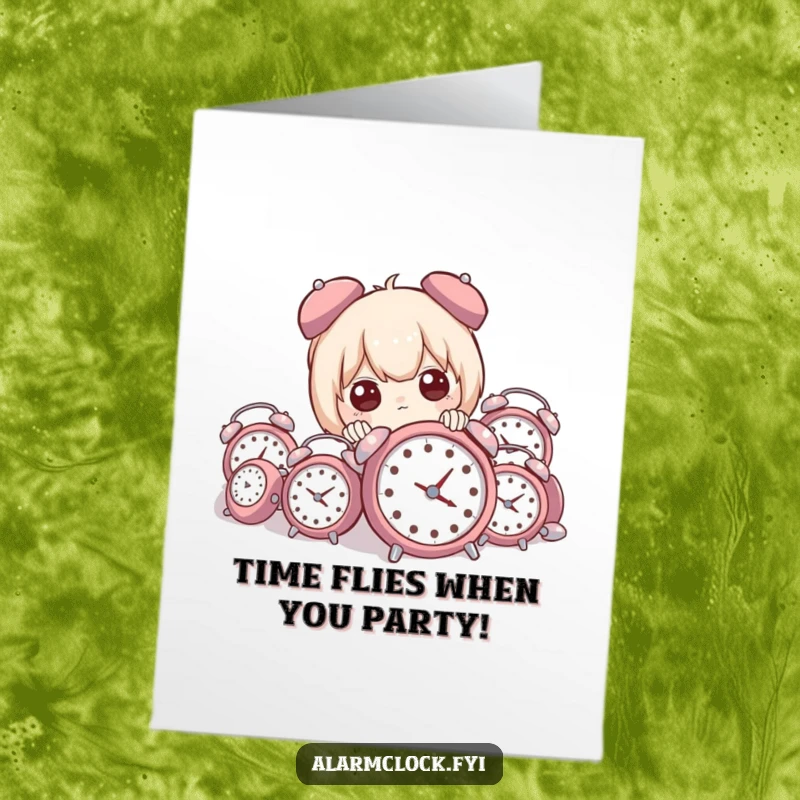 Funny Free Printable Birthday Card: Character pops from alarm clocks, a chaotic yet cheerful greeting.