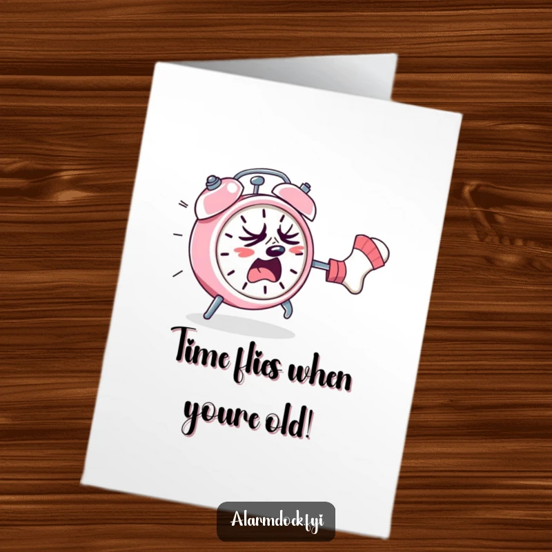 Funny Free Printable Birthday Card: Sweating alarm clock panics from a rogue sock chase, a chaotic DIY humor gift