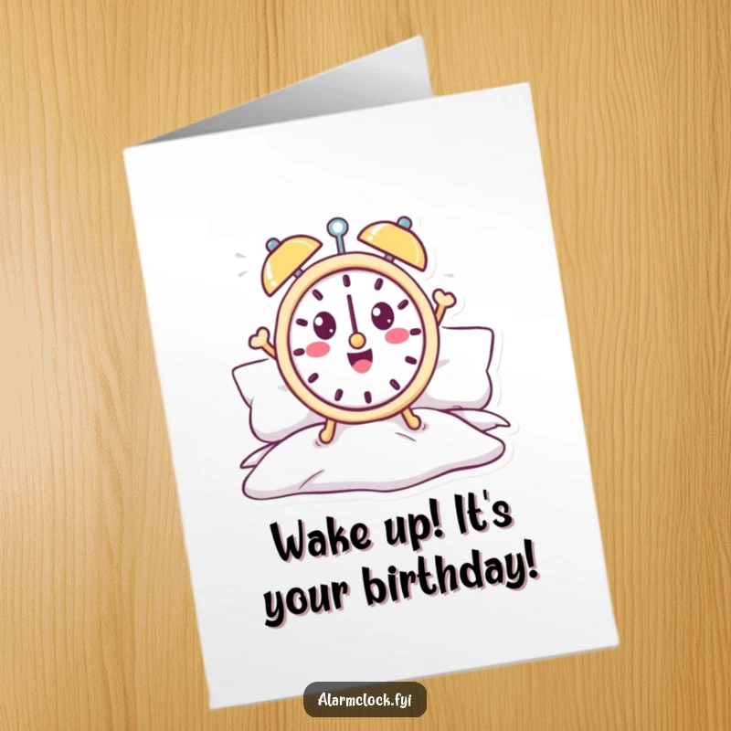 Funny Free Printable Birthday Card: a cheerful alarm clock character joyfully jumps out of bed, ready to celebrate.