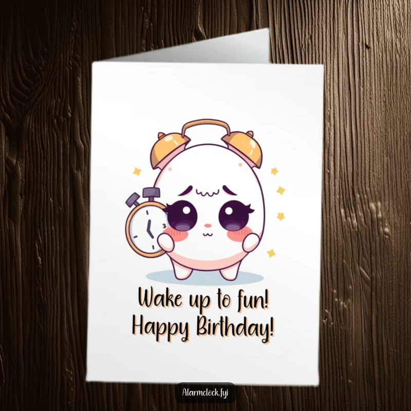Funny Free Printable Birthday Card: A sleepy character with wide eyes is startled awake by a loud alarm.