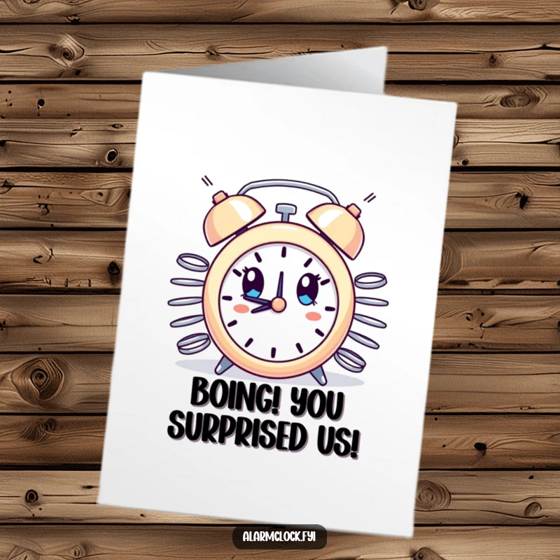 Funny Free Printable Congrats Card: Alarm clock with exploding springs looks comically surprised, a shocking DIY greeting