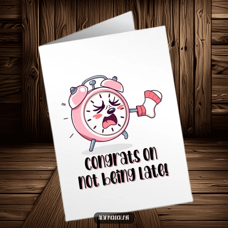 Funny Free Printable Congrats Card: Sweating alarm clock flees a rogue sock, a chaotic moment for a unique gift