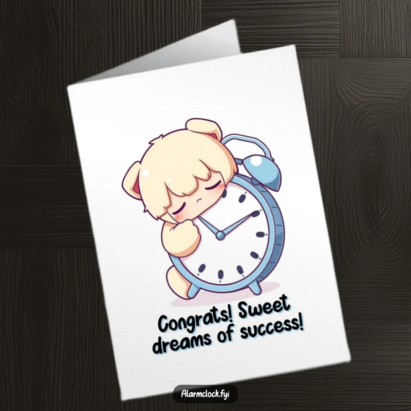 Funny Free Printable Congrats Card: A character hugging their alarm clock tightly while asleep, celebrating with a humorous, sleepy DIY gift.