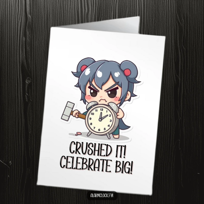 Funny Free Printable Congratulations Card: Determined character smashing a tiny alarm clock with a hammer, symbolizing overcoming obstacles.