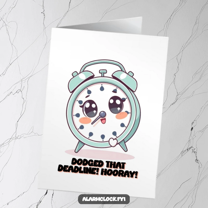 Funny Free Printable Congratulations Card depicting a character with wide eyes, jumping away from a ringing alarm clock.