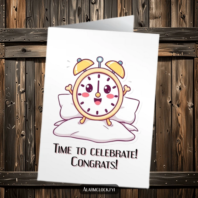 Funny Free Printable Congratulations Card: a cheerful alarm clock character jumps out of bed, celebrating a significant achievement.