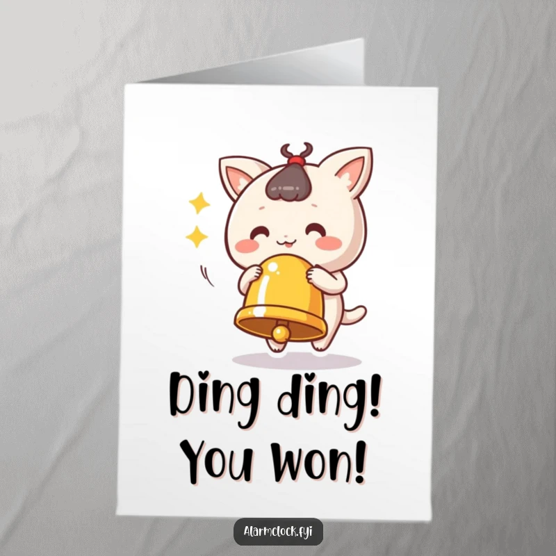 Funny Free Printable Congratulations Card: Character ringing a bell vigorously to celebrate a happy occasion.