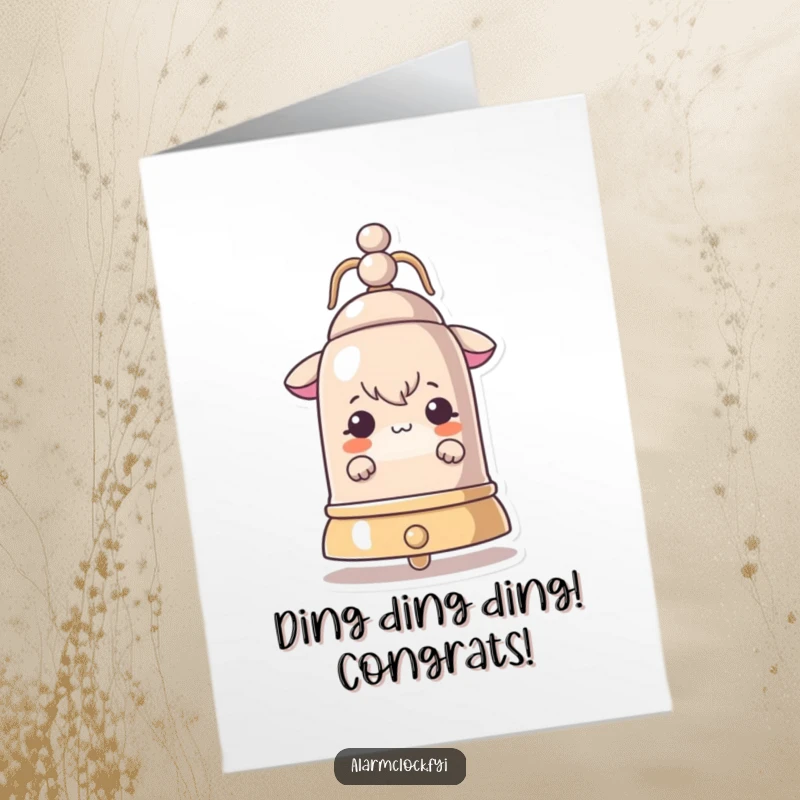 Funny Free Printable Congratulations Card: Curious character peeking from behind a giant ringing bell, looks amazed.
