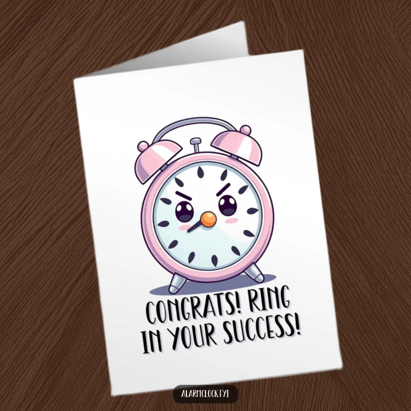 Funny Free Printable Congrats Card: An alarm clock character with a determined expression, ringing loudly, celebrating achievement with a humorous DIY gift.